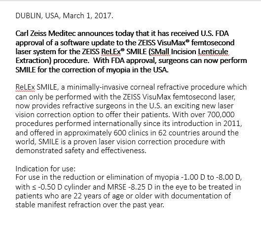 La FDA (Federal Drug Administration) vient de valider l’utilisation du Visumax Technologie Smile aux USA